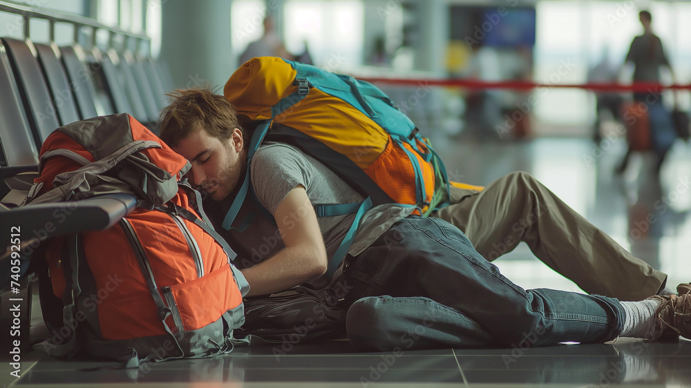 People with backpacks sleeping on the airport area