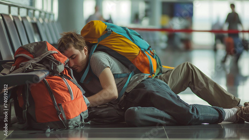 People with backpacks sleeping on the airport area