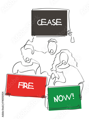 hand drawn line art vector of students demonstrating their concerns over human rights violation around the world in the name of war. We demand cease fire. Palestinian rights are human rights