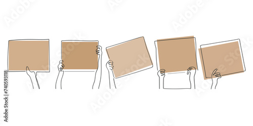 hand drawn line art vector of people holding placards. People power and protest concept. Freedom of Opinions. Raise Your voices and Address your concerns. Human Rights. Causes to fight for.