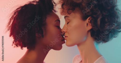 Lifestyle portrait of young lesbian couple in love, intimate moment kissing with desire