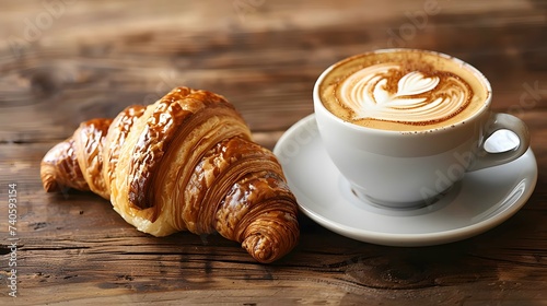 a cup of coffee and a croissant on a wooden table.