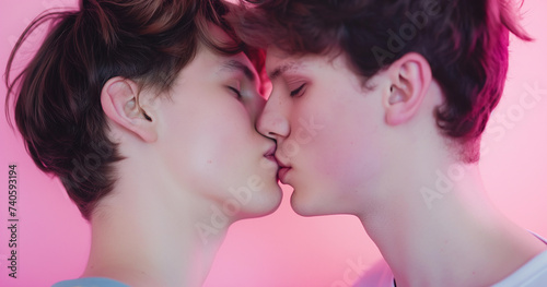 Lifestyle portrait of young gay couple in love, kissing passionately