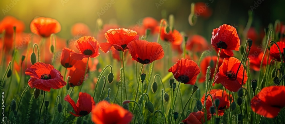 Obraz premium A meadow filled with beautiful red corn poppies, a flowering plant in the grass family, creating a stunning natural landscape