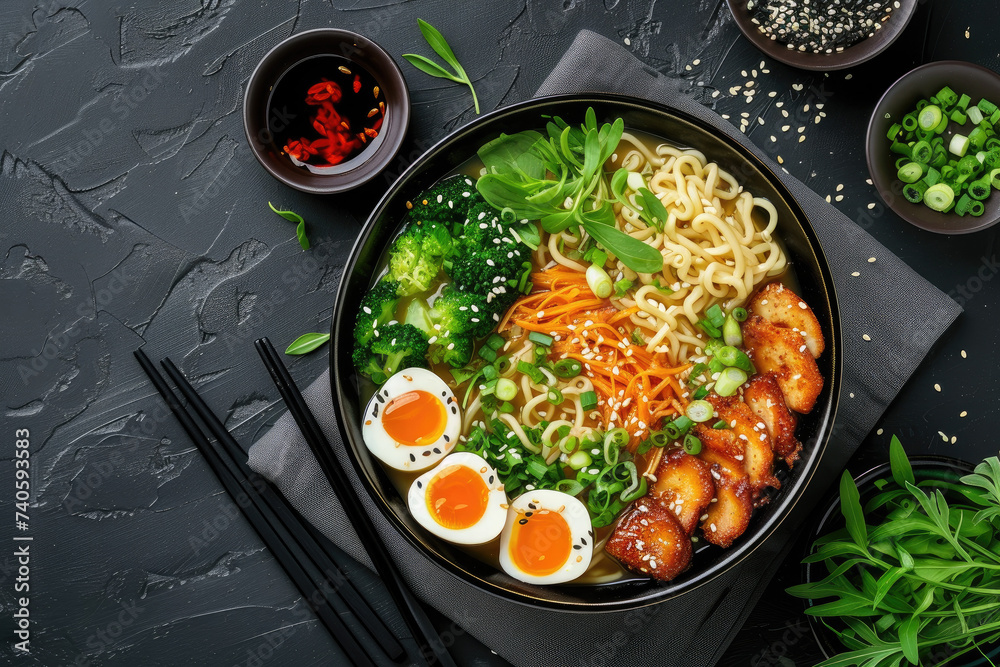 Vibrant Ramen Bowl Arrangement., street food and haute cuisine Vibrant Ramen Bowl Arrangement., street food and haute cuisine