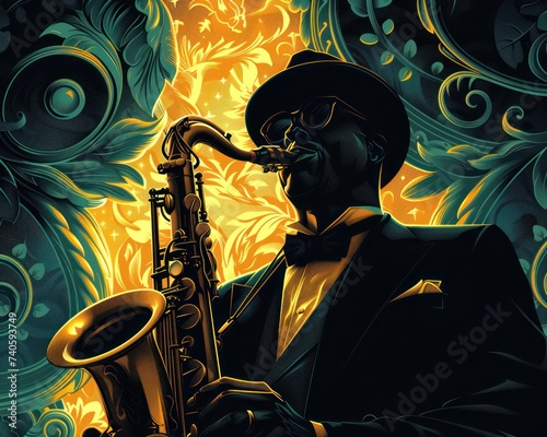 Jazz musician Canary New Orleans club Midnight Saxophone Art deco Jazz gold Roaring Twenties Spotlight A solo performance photo