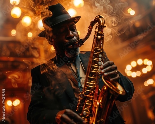 Jazz musician Canary New Orleans club Midnight Saxophone Art deco Jazz gold Roaring Twenties Spotlight A solo performance music photo