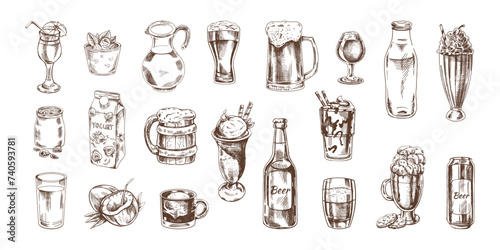 A set of hand-drawn sketches of drinks. Vector illustration in vintage style. Beverages. Good for the menu.