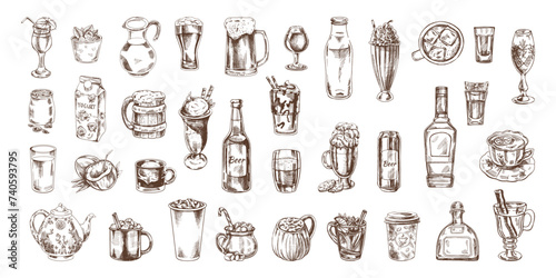 A set of hand-drawn sketches of drinks. Vector illustration in vintage style. Beverages. Good for the menu.