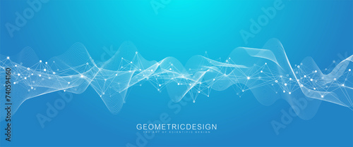 Abstract tech network connection dots. Digital technology and big data analysis background. Blue background with plexus lines. Geometric background with abstract mesh