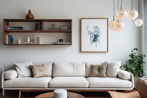 Serene Atmosphere White Sofa Lounge in Mid-century Apartment Room with Elegant Light Fixtures