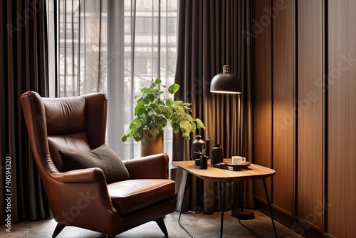 Wallpaper Mural Brown Leather Armchair Designs in Serene Apartment Lounge with Curtain Draped Windows Torontodigital.ca