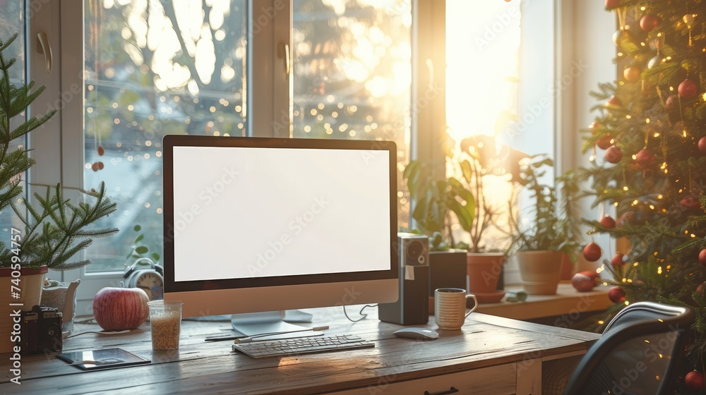 Computer monitor with blank screen on wooden desk in contemporary minimalist home office with outside the window. Generative AI. Computer monitor with blank screen on wooden desk in contemporary minimalist home office with outside the window. Generative AI.