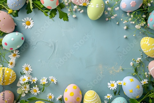 Happy Easter Eggs Basket deckle edge. Bunny hopping in flower white decoration. Adorable hare 3d Chartreuse Green rabbit illustration. Holy week easter festive hunt Hopping card eggciting surprises photo