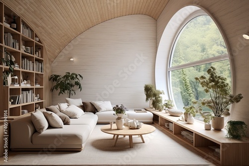 Nordic Arched Ceiling Home Designs: Cozy Lounge Area with Round Coffee Table