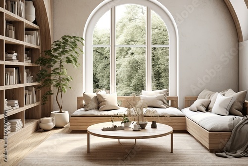 Nordic Vibe  Arched Ceiling Home Design with Cozy Lounge and Round Coffee Table