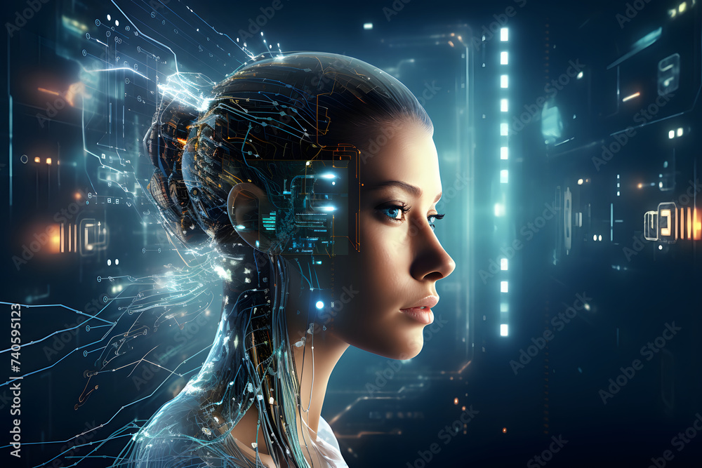 Künstliche Intelligenz dargestellt als Frau mit cyber Implantaten Künstliche Intelligenz dargestellt als Frau mit cyber Implantaten