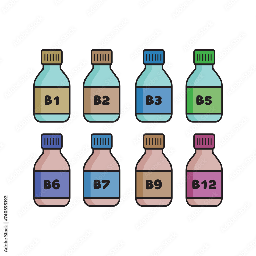 Set of 8 colorful vitamin icons - A, B, C, D, E, K - simple bottle icon illustration, graphic element for products, supplements, web design and more. Set of 8 colorful vitamin icons - A, B, C, D, E, K - simple bottle icon illustration, graphic element for products, supplements, web design and more.