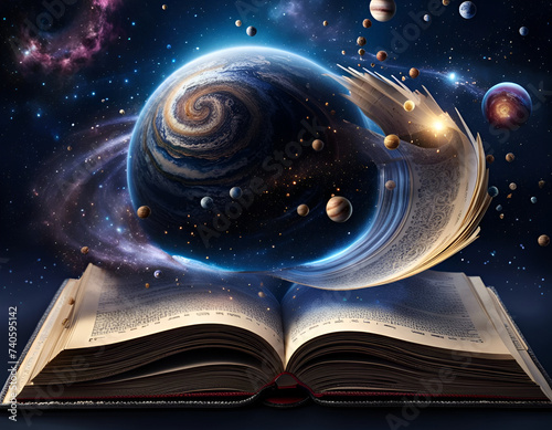 Abstract cosmic wallpaper with colourful planets and galaxies rising from an open book. Amazing Cosmos Background. Digital illustration. CG Artwork Background