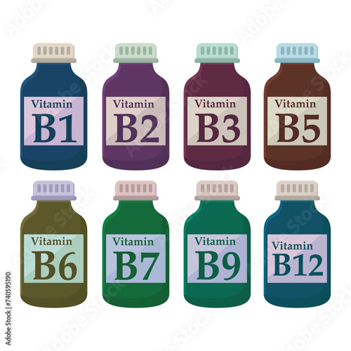 Set of 8 colorful vitamin icons - A, B, C, D, E, K - simple bottle icon illustration, graphic element for products, supplements, web design and more.