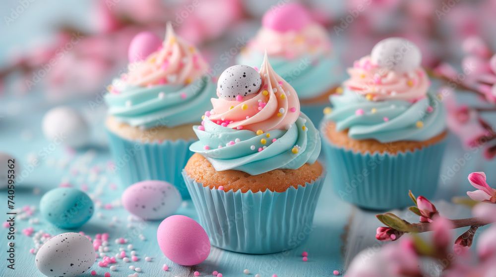 Colorful Easter cupcakes with sprinkles, shallow depth of field. Delicious holiday wallpaper.
