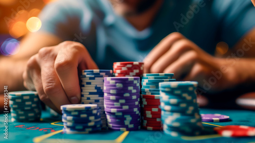 Blurred Poker player with a stack of chips, casino gambling scene. 