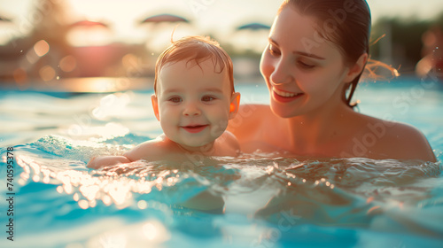 Mother and baby enjoying pool time at sunset, shallow depth of field. Holiday and summer feeling.