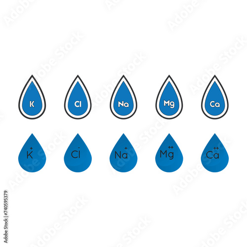 Set of 10 blue electrolyte icon elements - Calcium  Potassium  Chlorine  Magnesium  Sodium - to use in product  web design  advertisement and more.