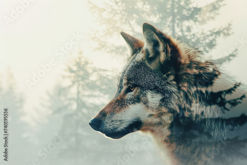 Wallpaper Mural wallpaper of a wolf in double exposure of forest, silhouette  Torontodigital.ca
