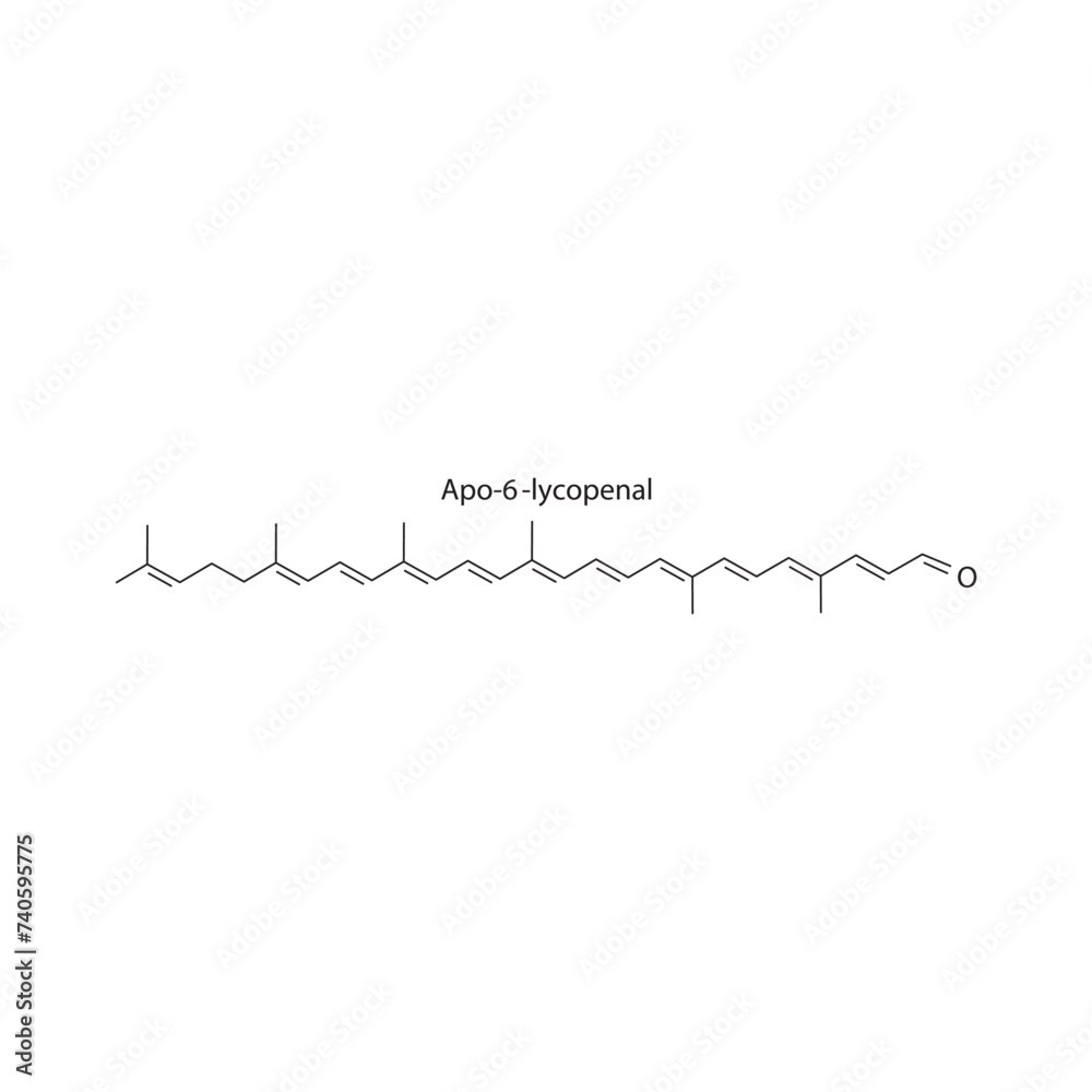 Apo-6′-lycopenal skeletal structure diagram.Caratenoid compound molecule scientific illustration on white background.