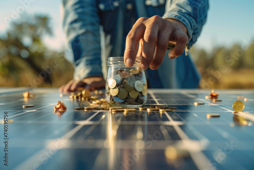 Close-up of a man hand with money in a glass jar and coins on solar panels. Generative AI. © visoot