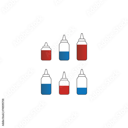 Set of 6 blue, red medication ear, nose or eye drops bottle icons - simplified vector illustration elements to use in web and product design, advertisement and more.