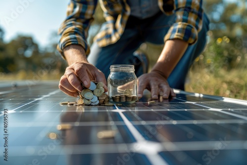 Close-up of a man hand with money in a glass jar and coins on solar panels. Generative AI. © visoot
