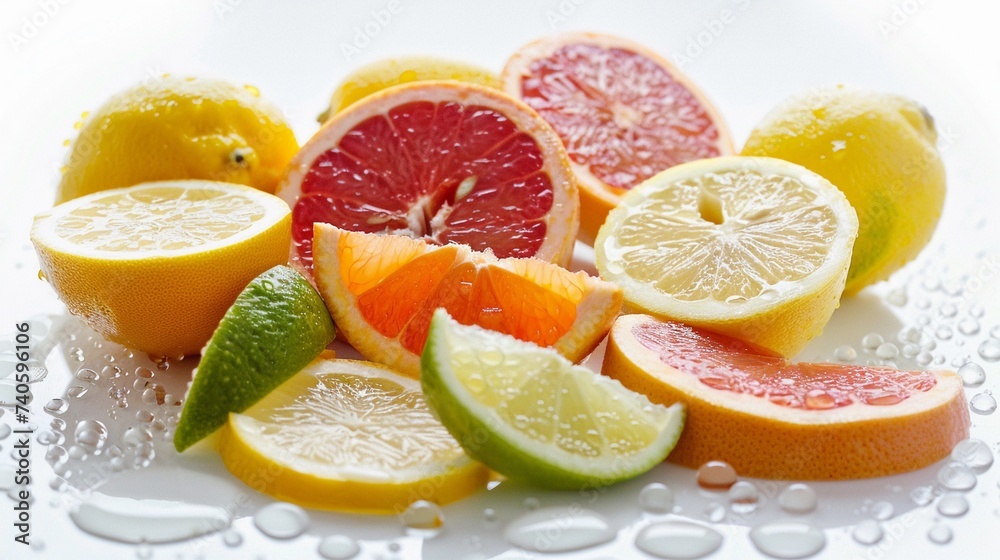 Citrus Splash, refreshing medley of citrus fruits including lemons limes and grapefruits, generative AI, background image Citrus Splash, refreshing medley of citrus fruits including lemons limes and grapefruits, generative AI, background image