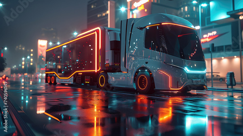 Futuristic truck in a city at night. Generative AI.