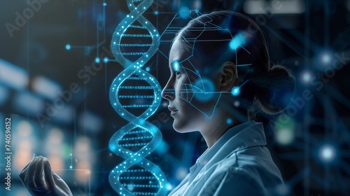 Female Scientist Analyzing DNA Helix Structure