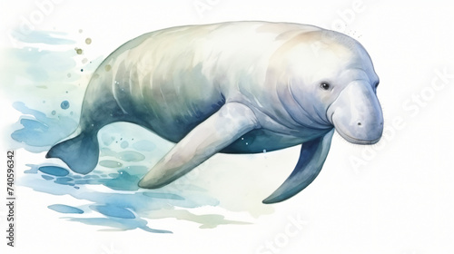 Watercolor painting of dugong on white background.