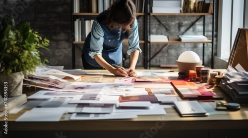 A female architect, interior designer works at a table with a house or apartment project, chooses materials, colors for furniture, walls, floor and ceiling, Makes sketches and drawings on paper.