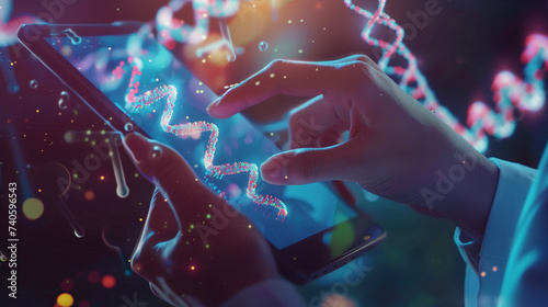 Abstract luminous DNA molecule. Doctor using tablet and check with analysis chromosome DNA genetic of human on virtual interface , Generative AI