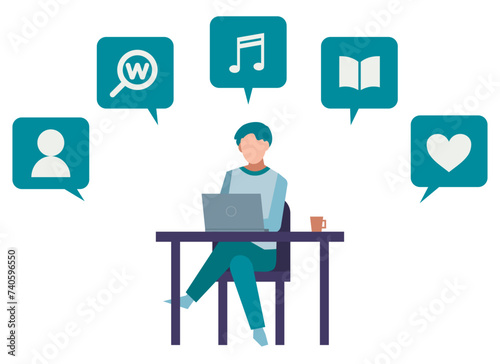 ラップトップを使う男性　人物フラットイラスト　在宅ワーク　吹き出しシンボル