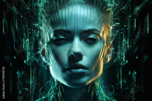 portrait of a woman with holographic texture around her face, dark background, cyber art, digital future concept