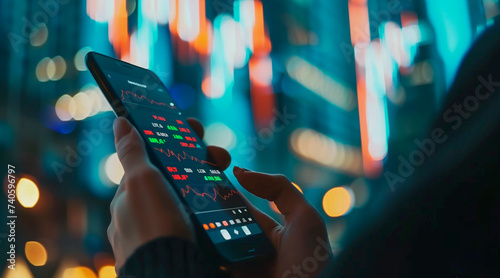 Businessman using a smartphone app to buy or sell shares of stock market. Investment concept  photo