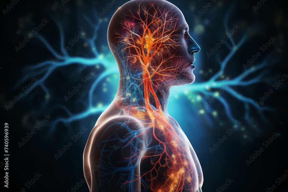 silhouette of a human body with the blood circulatory system and neural ...