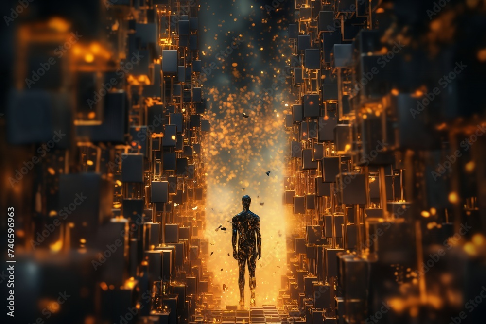 a man stands in a very large room with many golden block shapes on the floor and walls, in the style of 3D rendering a man stands in a very large room with many golden block shapes on the floor and walls, in the style of 3D rendering