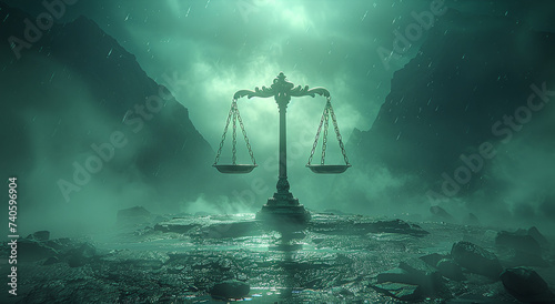 Scales of justice in a mystical green landscape with fog and ethereal lights, symbolizing balance and law. © Gayan