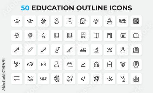 Education line icons set. Academic cap, globe, books, pencil and other elements. Thin outline icons pack (ID: 740596914)