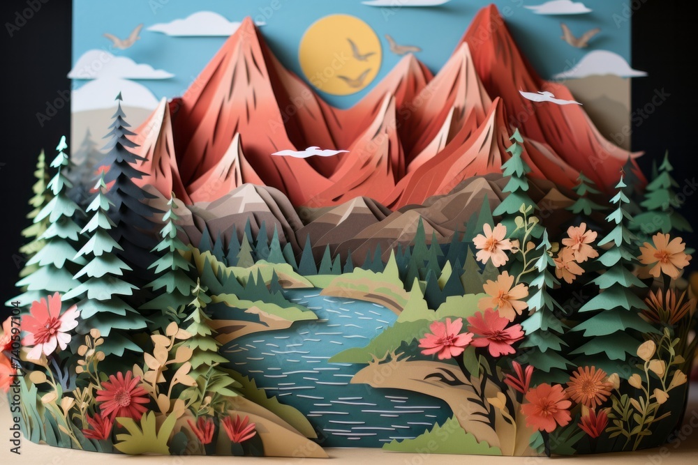 Whimsy to your designs with a paper landscape background, where intricately folded paper mountains, Generative AI Whimsy to your designs with a paper landscape background, where intricately folded paper mountains, Generative AI