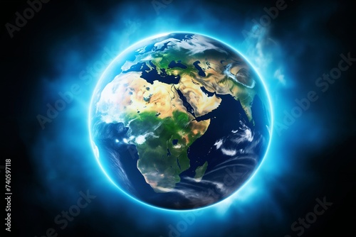 Earth planet against the background of blue glow and space