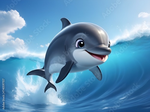 Cute Dolphin in Sparkling Waves  Cute Baby Dolphin Leaping in Sparkling Waves in the Ocean   cute baby animals for kid s room decoration  Kid s wall art  Cute beautiful baby animals  Cute Dolphin 