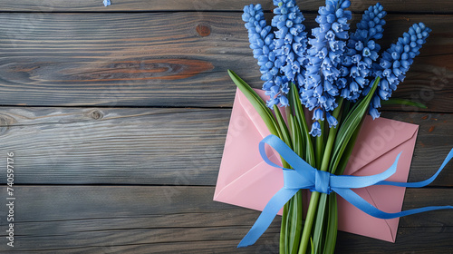 Bouquet of beautiful blue muscari and envelope on wooden gray background